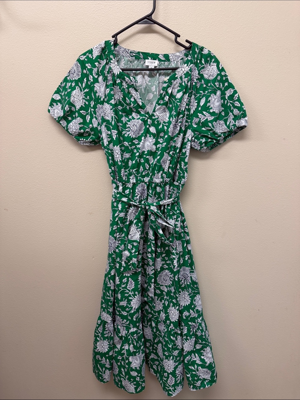 J. Crew Green White Floral V-Neck Tie-Waist Midi Dress SzS